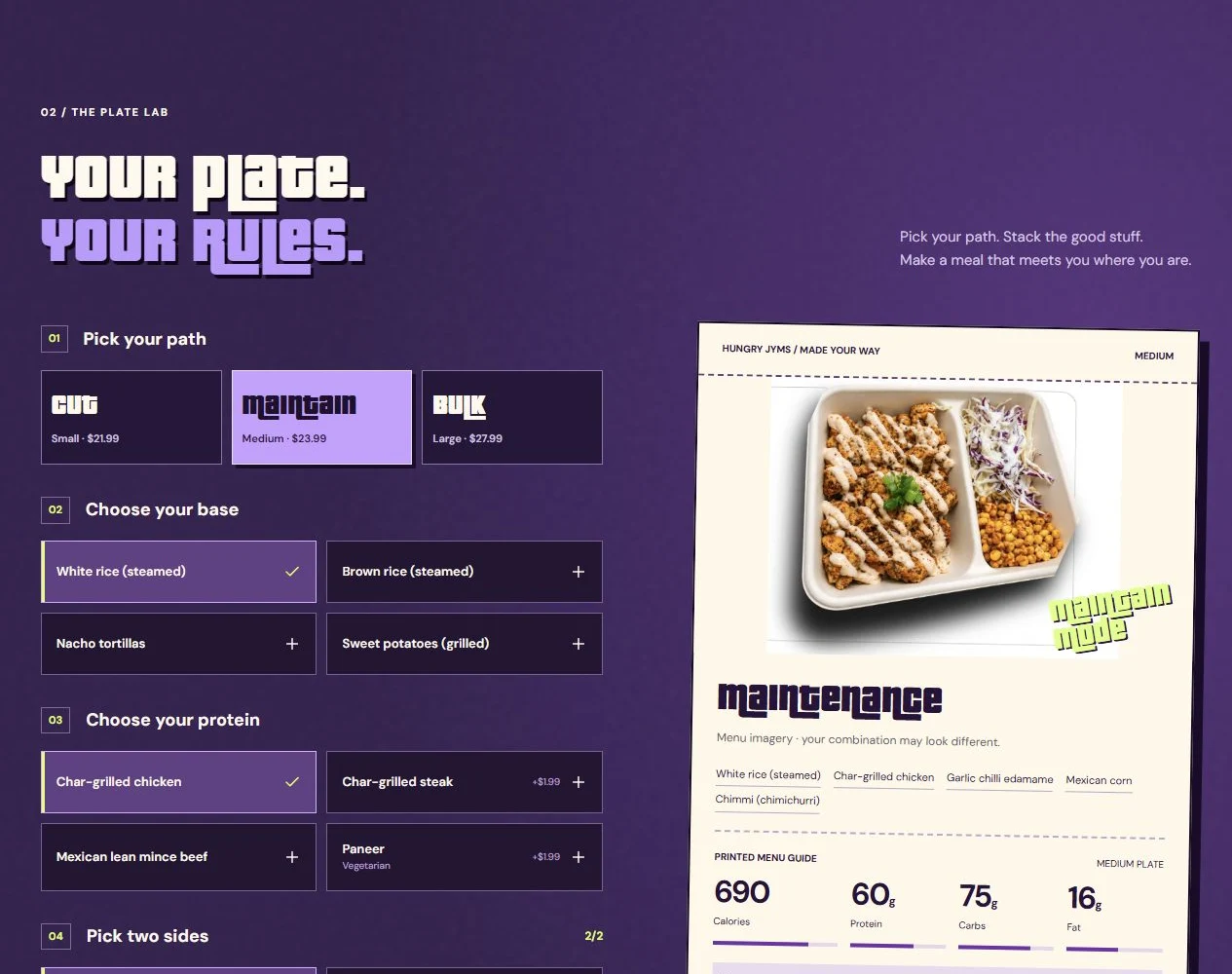 Hungry Jyms website meal builder showing plate sizes, meal choices and the plate preview